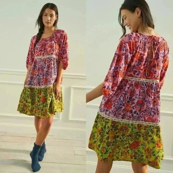 by Anthropologie Mabel Tiered A-line Mini Dress Mixed Floral Prints Small - Picture 12 of 12